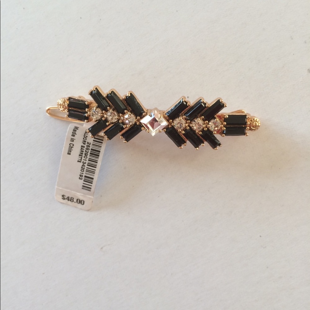 Barrette, black with stone, medal base, new